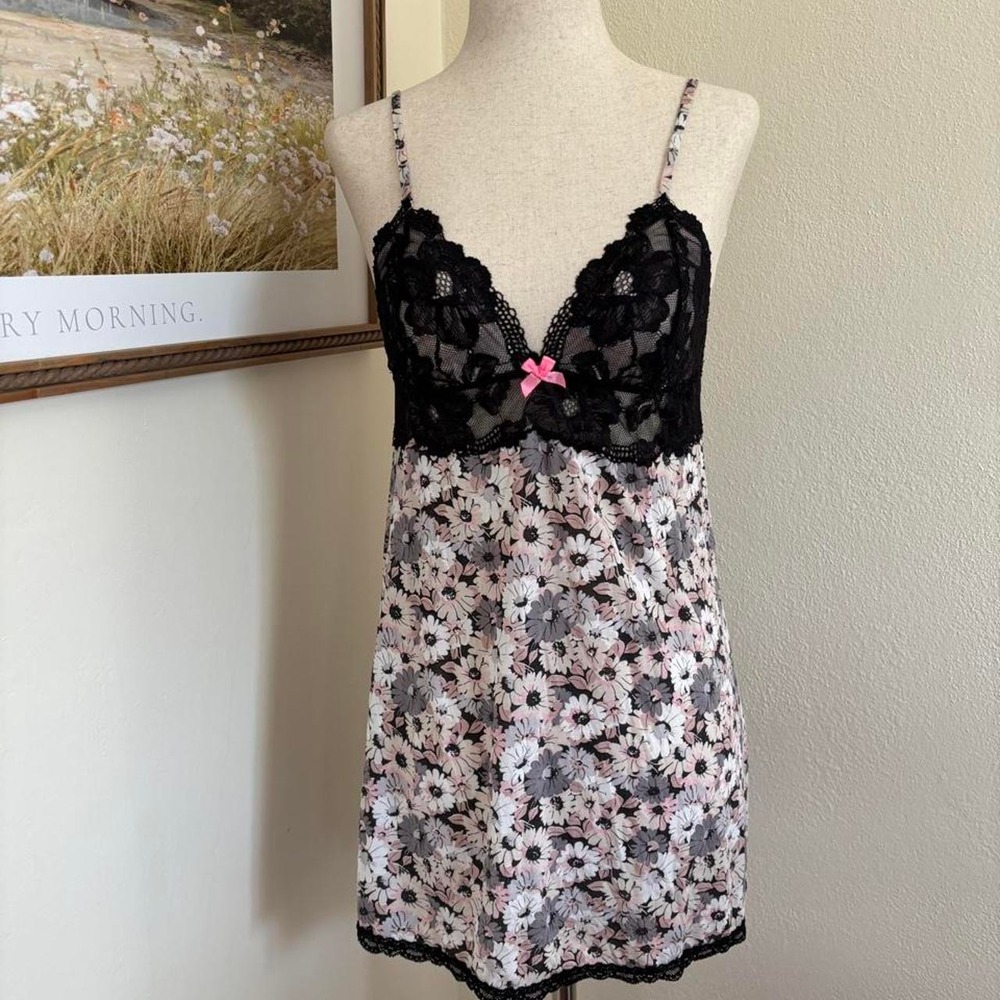 black lace floral babydoll slip dress cute pink bow v neck victorias secret